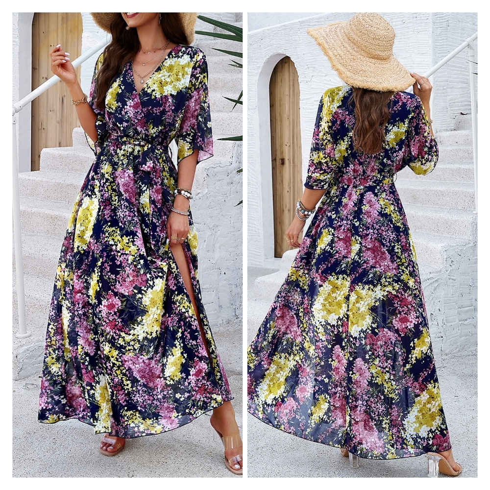 Dark  Blue Printed Half Slit Dress
